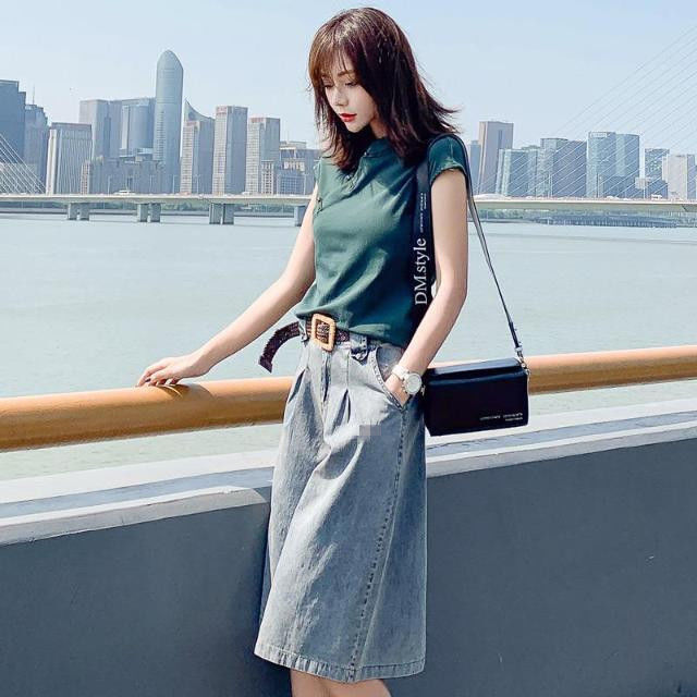 Celana pendek Denim kaki lebar wanita, celana pendek jeans gaya Korea musim panas untuk perempuan