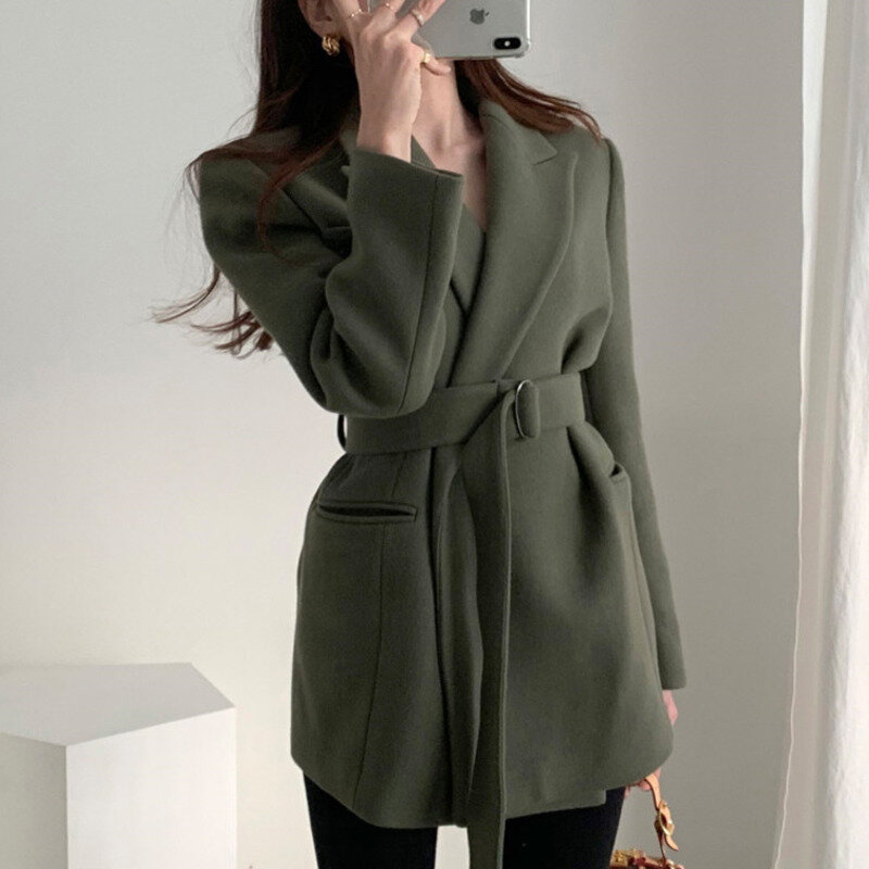 Korean Elegant Office Lady Tops Lace Up Vintage Outwear Wool Coat Casual Lapel Long Sleeve Jackets Coat Women Winter Overcoat