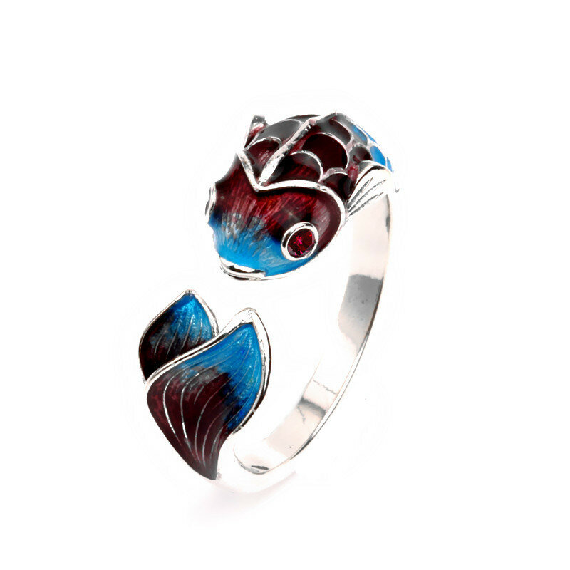 สีฟ้าสีม่วงKoiปลาแหวนผู้หญิงเครื่องประดับVintage 925แหวนเงินแท้ผู้หญิงคริสตัลสีเขียวแหวนหญิงแหว...