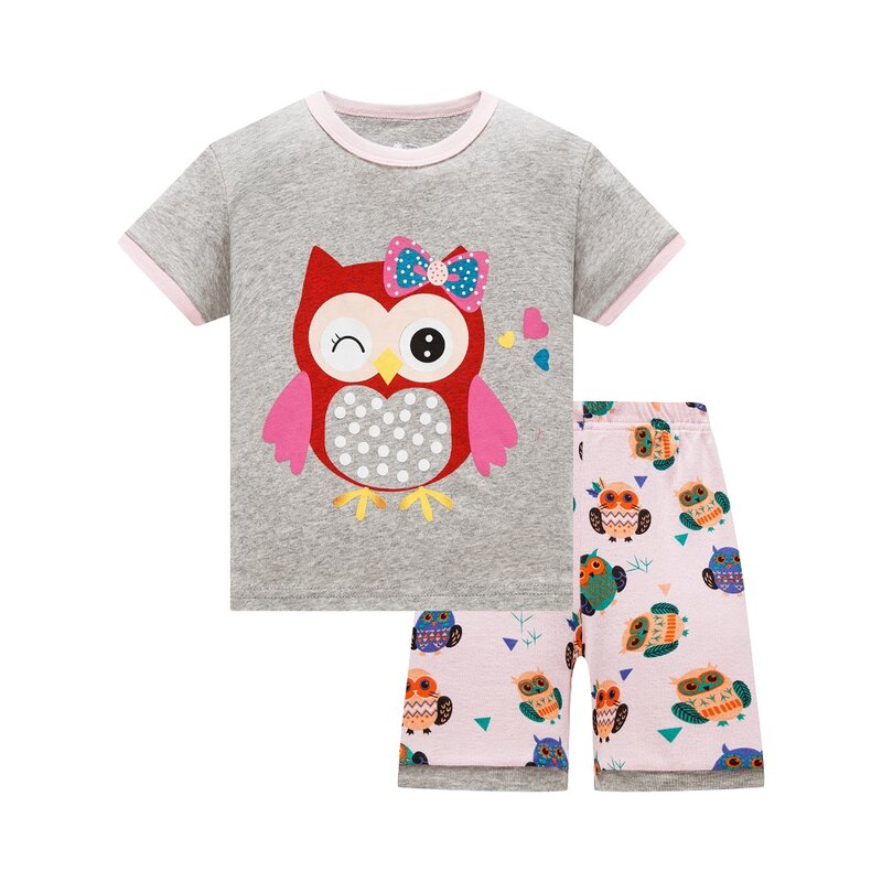 Crianças pijamas definir verão crianças manga curta sleepwear coruja dos desenhos animados pijamas roupas da menina nightwears conjunto
