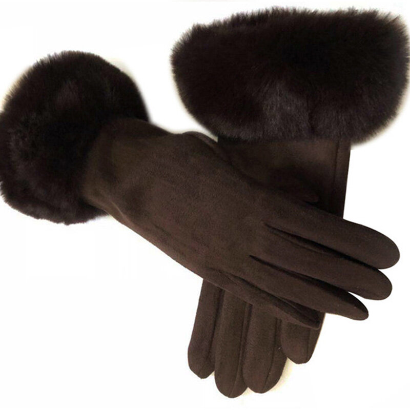 Перчатки женские из искусственного меха кролика, замшевые, кожаные, для сенсорного экрана, для вождения, зимние, теплые, плюшевые, толстые, черные, с закрытыми пальцами, для велоспорта, H92