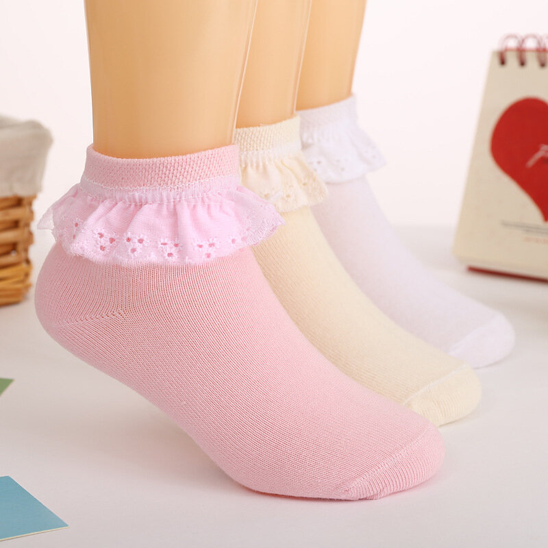 3 пары, осенне-От 1 до 11 лет нескользящие носки с кружевом Короткие носки из дышащей сетки белые розовые хлопковые носки принцессы для малышей