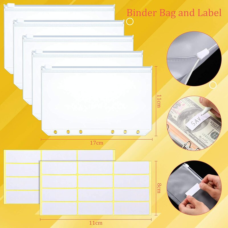 Cubierta de cuaderno de PVC A6, sobres de presupuesto, planificador de sistema con 12 bolsillos transparentes con cremallera, hojas de presupuesto y etiquetas, 27 piezas
