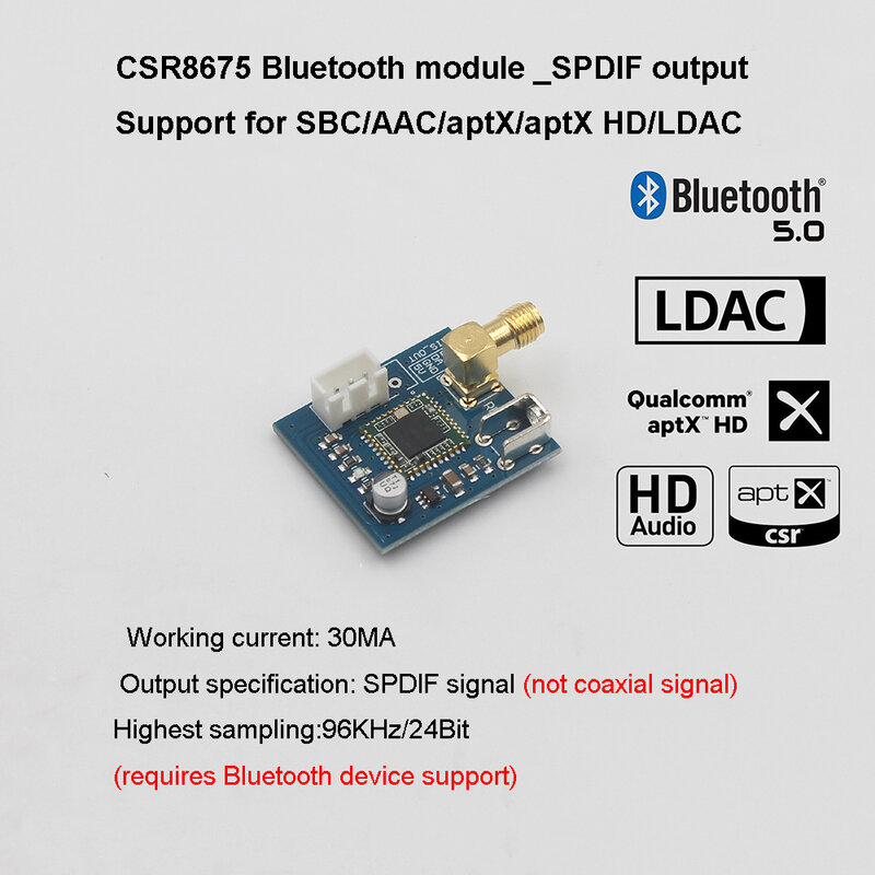 Módulo de áudio bluetooth csr8675, receptor de baixa potência bluetooth 5.0 ldac sem perdas spdif para ak4493
