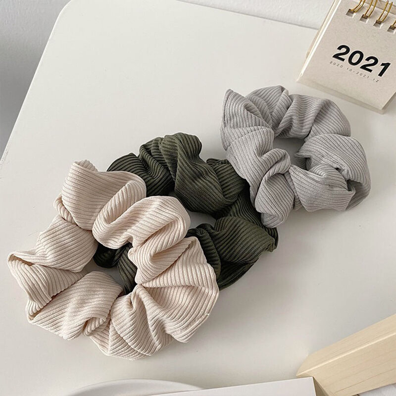 Autumn and Winter Women Warm Knitted Big Hair Scrunchies Solid Soft Vintage Hair Gums Striped Fabric Rubber Bands For Hair Bun