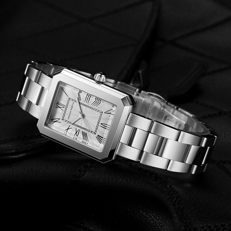 Reloj de acero inoxidable para mujer, cronógrafo de lujo con movimiento japonés, plata, oro rosa, números romanos rectangulares, resistente al agua