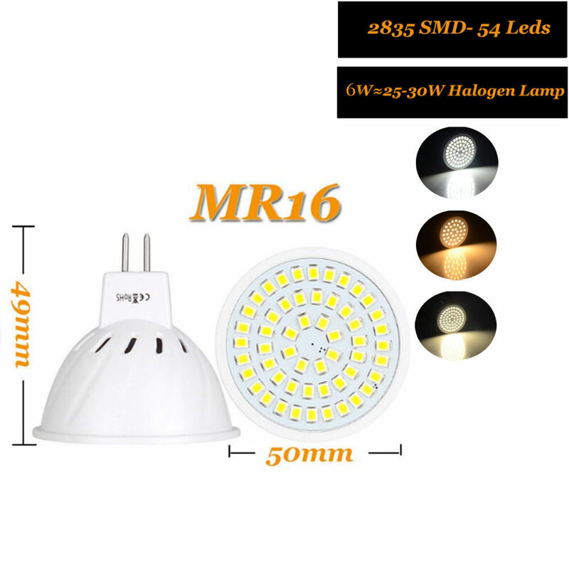 Lâmpadas LED MR16 para casa, Holofotes MR16, 220V, 12V-24V, 2835 SMD, 4W, 6W, 8W, 36 LEDs, 54 LEDs, 72LEDs, luzes brancas quentes e frias, lâmpada LED, 10x