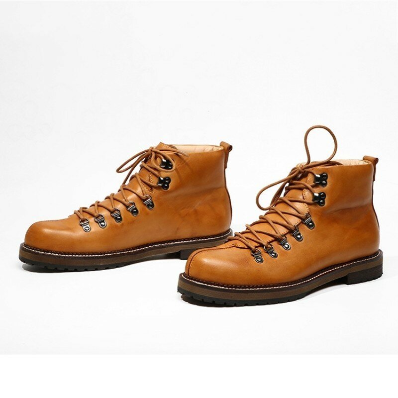 Sepatu Bot Kulit Asli Retro Kasual Fashion Pria Sepatu Bot Keselamatan Berenda Warna Oranye Hitam Sepatu Gaun Ujung Bulat Kualitas Tinggi Musim Gugur Pria