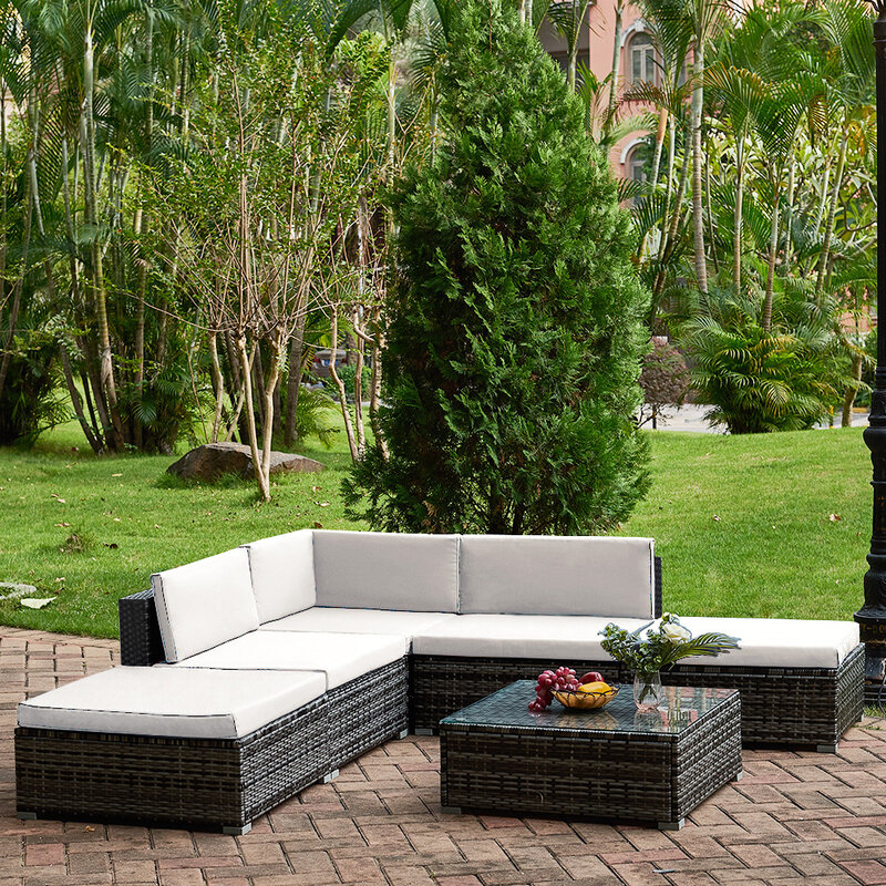 Panana 6PCS Rattan Outdoor Garden Furniture Patio Coffee Table and Corner Sofa Set Ottoman PE Wicker Steel Frame