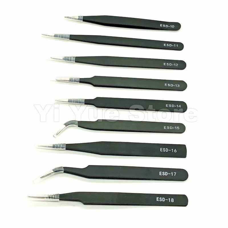 9 tipos de pinças de aço inoxidável anti-estática ESD ferramentas de manutenção pinças retas curvas de precisão industrial ferramentas de reparo