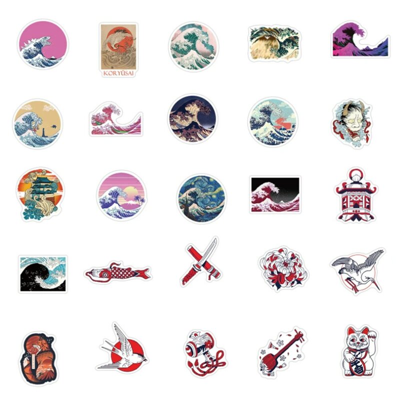 10/30/50pcs Japanese Ukiyo-e Art Sea Wave Stickers Aesthetic Decals Toys Graffiti Stickers Waterproof Skateboard Laptop Bicycle