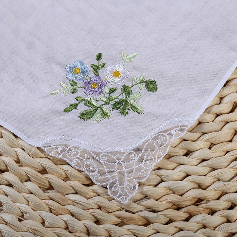 Lenços de algodão bordado floral feminino, lenço de bolso borboleta, 5pcs