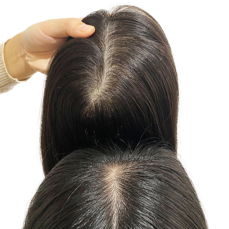 女性用シルクの肌のベース,クリップ付きの人間の髪の毛のヘアピース,自然な頭皮の上下,8x12cm, 18インチ,9x14cm