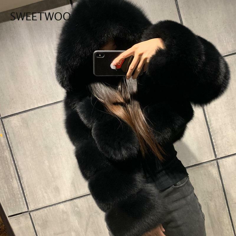 แฟชั่นฤดูใบไม้ร่วงฤดูหนาวคุณภาพสูง Faux Fox ขนสัตว์2021 Vintage แขนยาวกับหมวกแจ็คเก็ตสั้นบาง Furry เสื้อ Femme