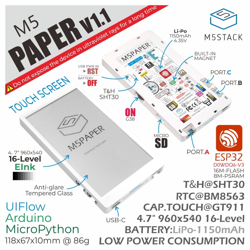 M5Stack oficjalny papier M5Paper ESP32 zestaw deweloperski V1.1 (960x540, 4.7 "wyświetlacz eInk, 235 ppi)