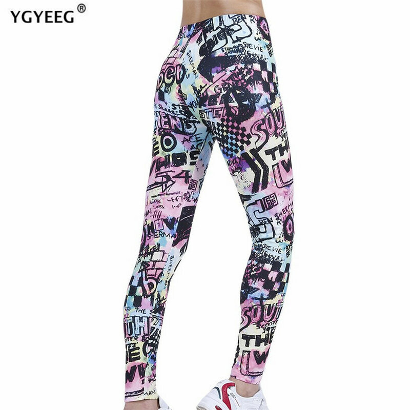 INDJXND legginsy z wysokim stanem Push Up sportowe damskie spodnie do biegania Fitness Gym Girl napisy Graffiti kolorowe wzory spodnie z elastycznym dołem nogawek
