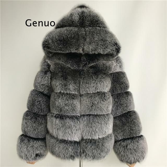 Abrigo de piel sintética de zorro con capucha para mujer, chaqueta de piel falsa de visón a la moda, abrigo grueso para mujer