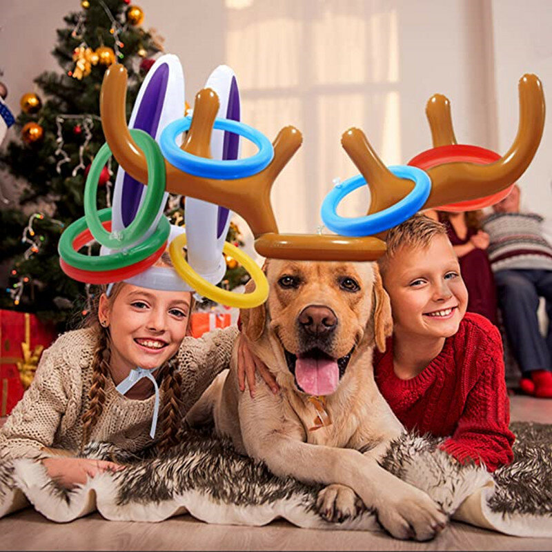 21 piezas de Papá Noel inflable divertido, astas de reno, cabeza de ciervo, sombrero, lanzamiento de anillo, juego de Pascua de Navidad, juguetes de regalo para niños, suministros para fiesta de cumpleaños