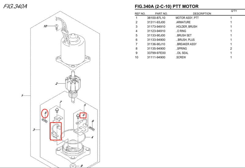 31133-94900 conjunto de escova para o reparo do motor da guarnição de popa de suzuki com mola 31135-94900 31136-94900