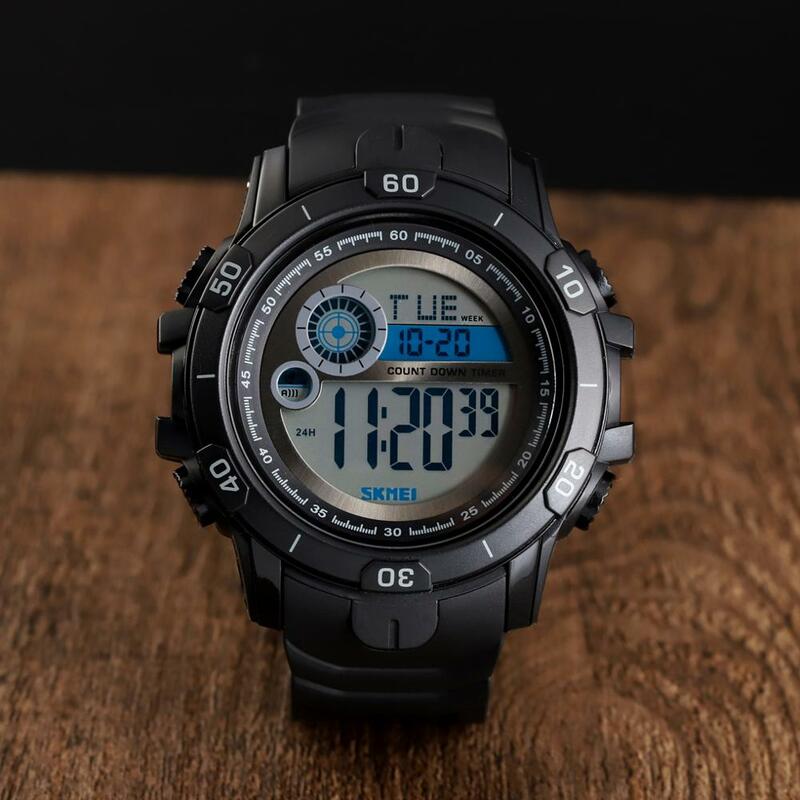 Relojes deportivos SKMEI para hombre 2 veces Chrono, relojes de pulsera digitales para hombre, reloj con correa de PU con luz azul, reloj impermeable para hombre 1523