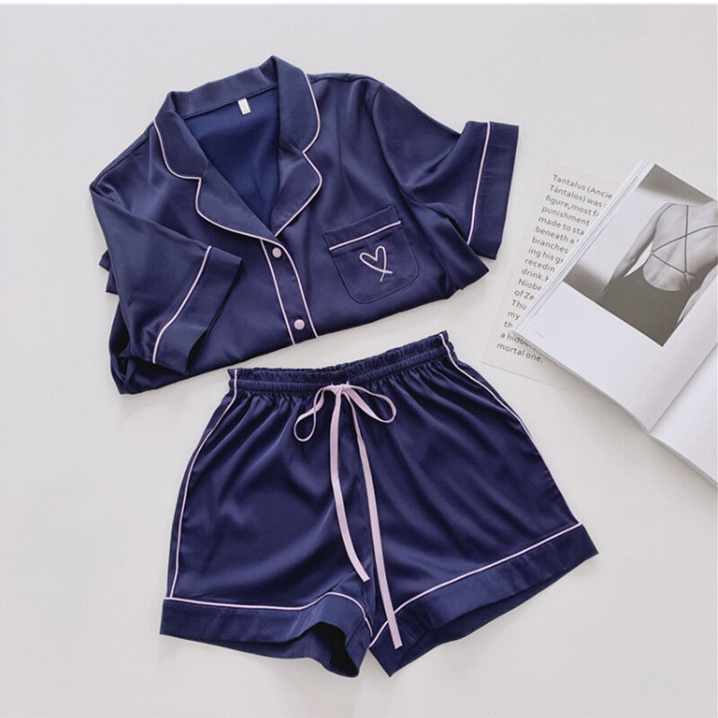 2020 New Pajamas for Women Silk Home Wear Short Sleeve Loungewear Pyjamas Women Pijama Sleepwear Pj Set Satin Nightwear Set