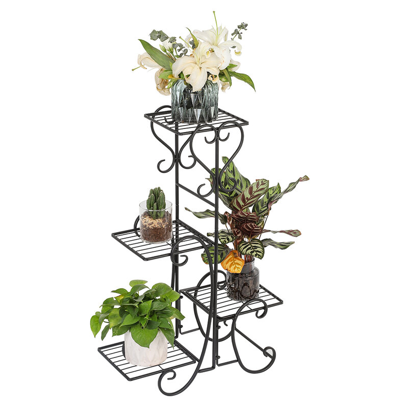 Estantes cuadrados de Metal para flores, soporte para macetas, decoración para interiores y exteriores, color negro, 4 Macetas