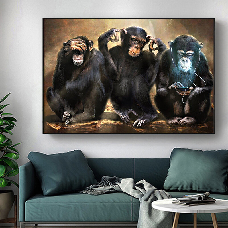 อะห์ผ้าใบภาพวาดสัตว์ลิงศิลปะสามตลก Orangutans ภาพวาดสีน้ำมันภาพผนังสำหรับตกแต่งบ้านโปสเตอร์แล...