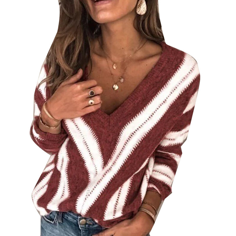 Sweater Lengan Panjang Musim Gugur Wanita, Sweater Ukuran Plus Longgar Blok Warna Leher V Lengan Panjang 2020