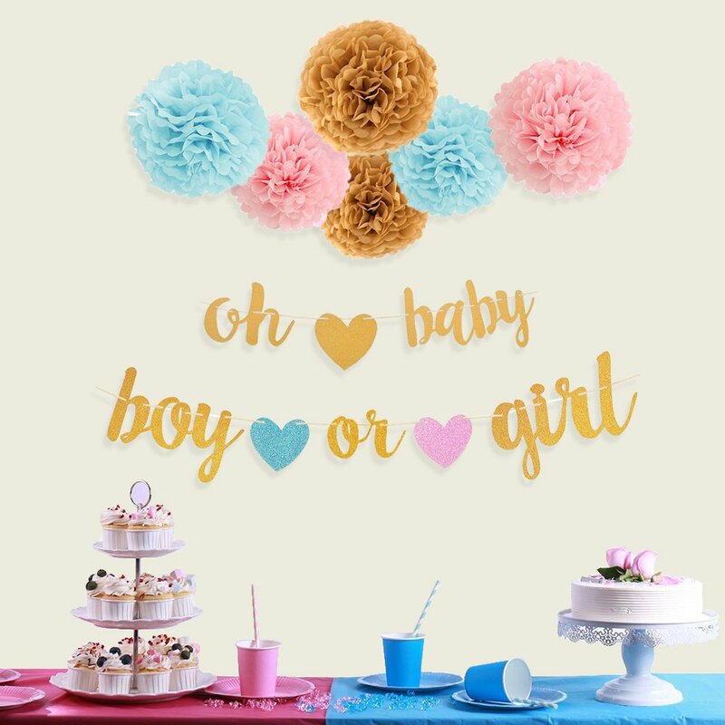 Gender decoração para festa de bebê, rosa, azul, menino ou menina, suprimentos de banner de papel, flor de tecido pompom