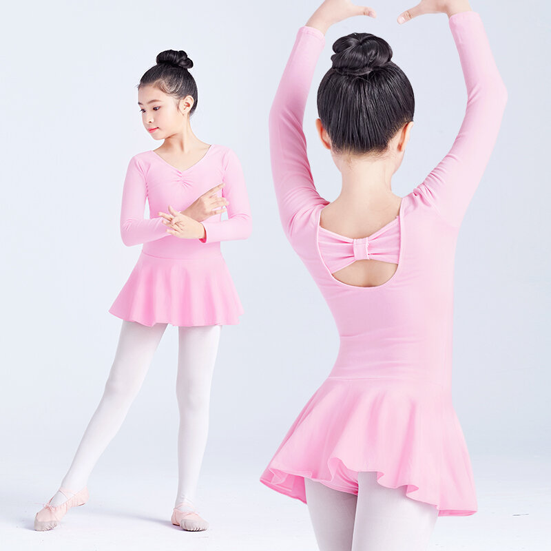 Robe de danse à manches longues pour filles, justaucorps en coton rose, avec nœud papillon, pour enfants