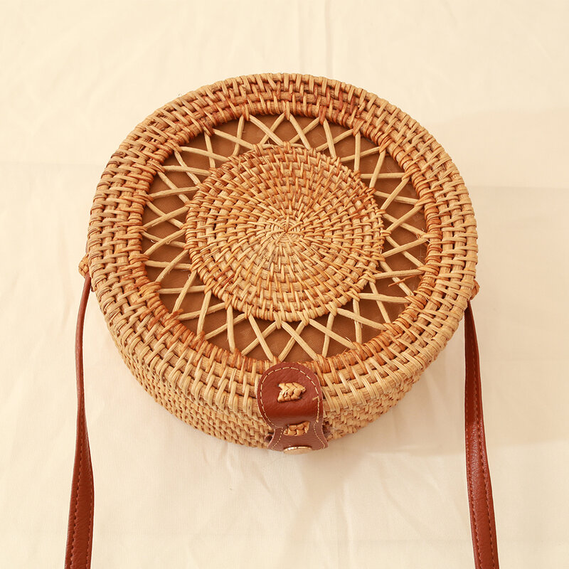 Bolso de playa de ratán hecho a mano para Mujer, bolsa Bohemia circular, redonda, de paja, K5752