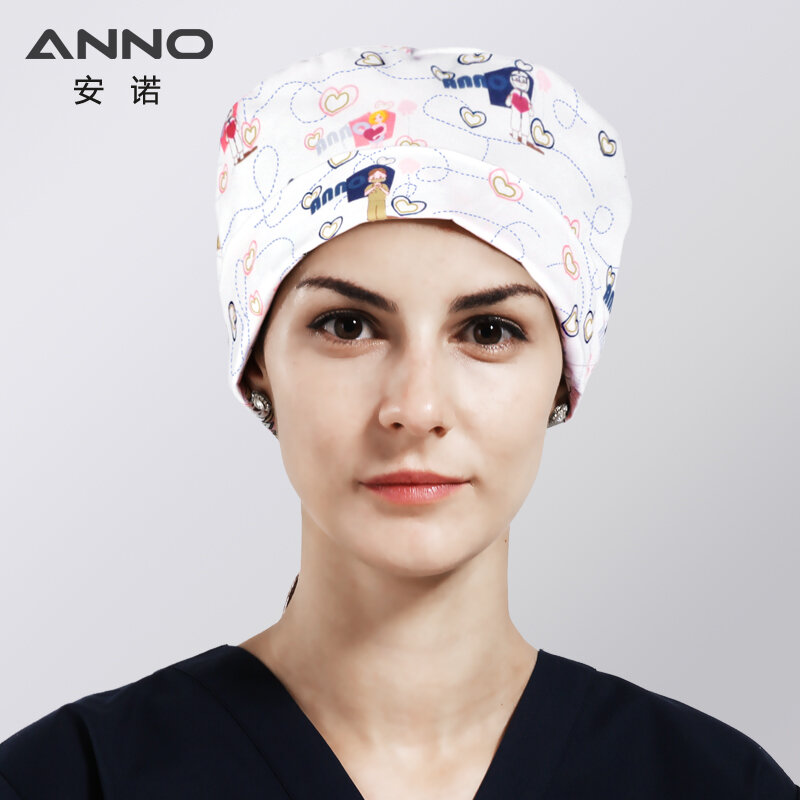 ANNO Kapas Scrub Topi Perempuan Dokter Rumah Sakit Perawat Bekerja Topi Cap Perawatan Pendek atau Panjang Rambut Kepala Memakai Hewan Karton cetak