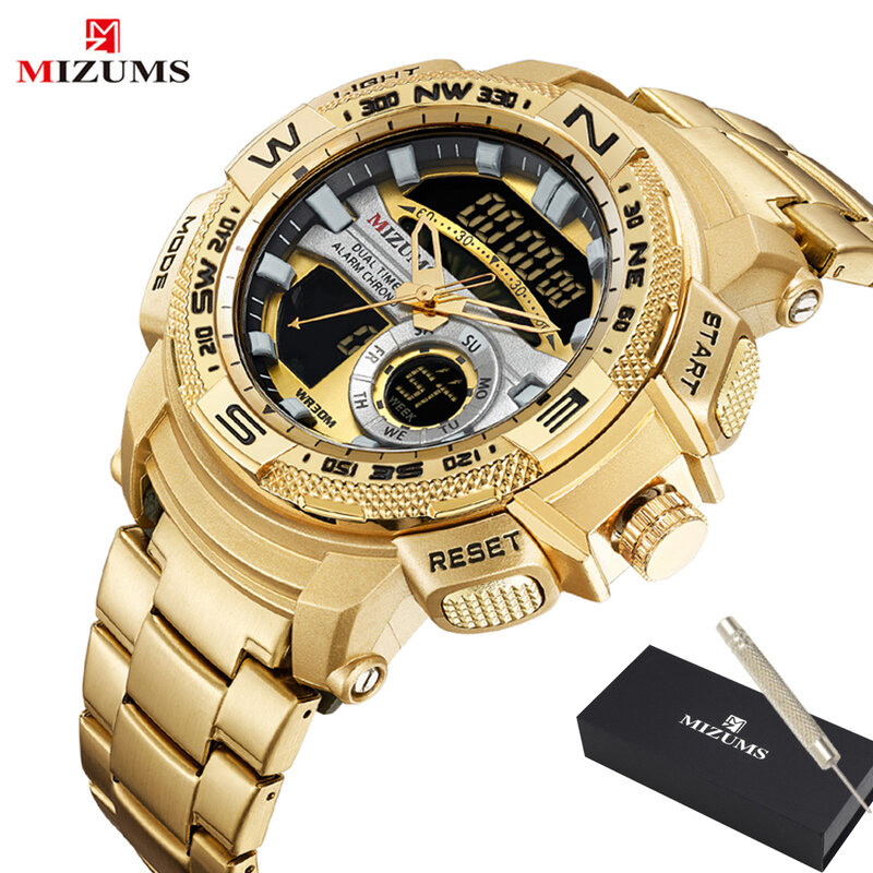 MIZUMS นาฬิกาข้อมือทหารนาฬิกา LED ดิจิตอลนาฬิกาสปอร์ตผู้ชายสแตนเลสทอง Dual Display นาฬิกาควอตซ์ชาย Relogio Masculino