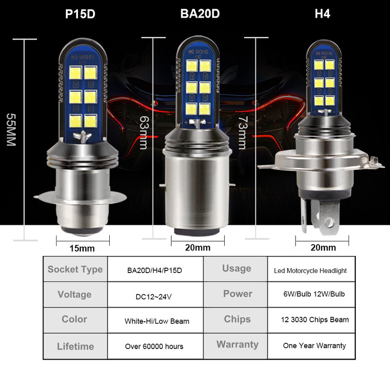 ANMINGPU-bombillas Led para faro delantero de motocicleta, H4, haz alto/bajo, H6, BA20D, P15D, 3030Chips, 12V, 24V, 6000K