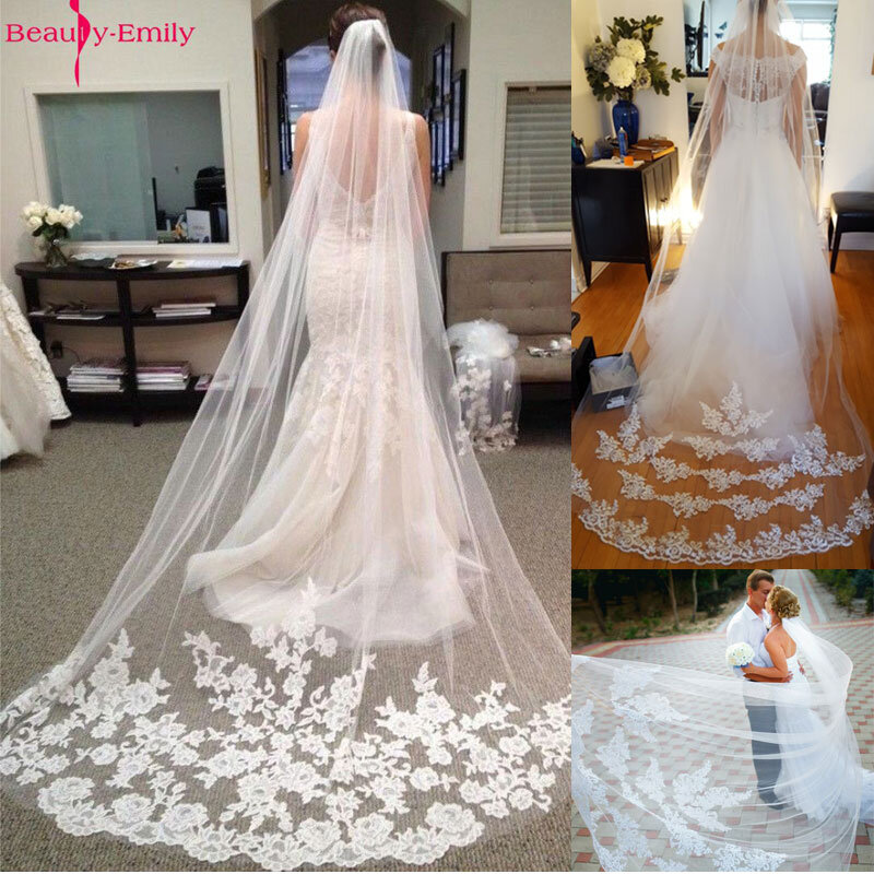 Bruids-Veils Lace-Edge Bruiloft Accessoires Lange Kathedraal Tulle Applicaties 2021 Wedding-Veils Met Kam Veu De noiva Longo