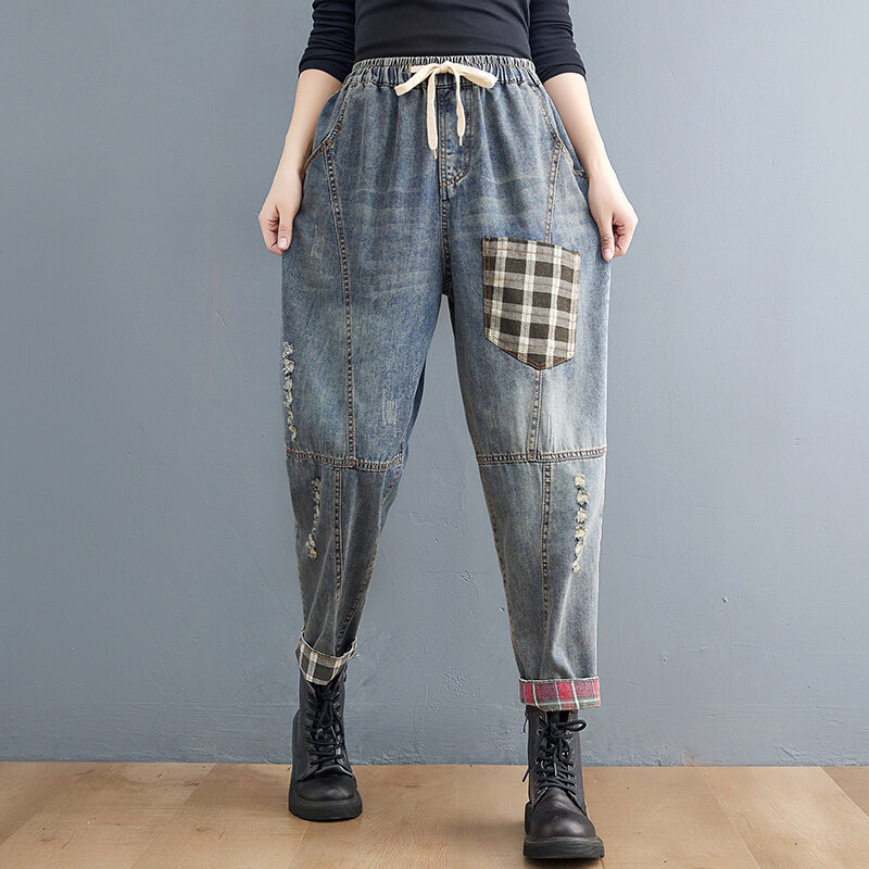 Masss-pantalones vaqueros rasgados para mujer, Jeans a cuadros azules Vintage, moda para mujer, Pantalones rectos de cintura alta con agujeros Harajuku, 2021