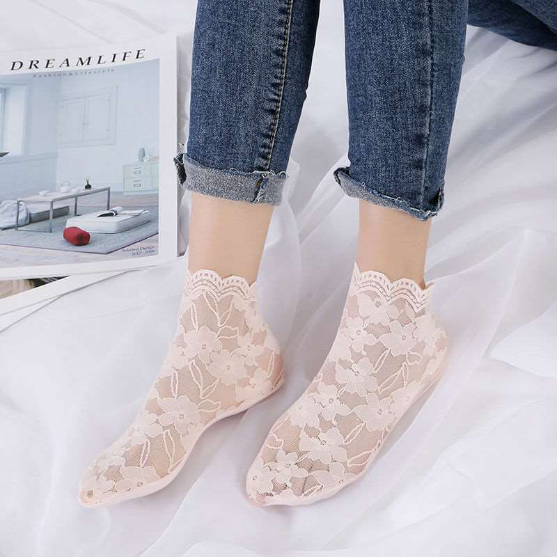 Senhoras adorável floral rendas meias moda verão malha curto doce oco chaussette fundo de algodão macio antiderrapante solto sokken