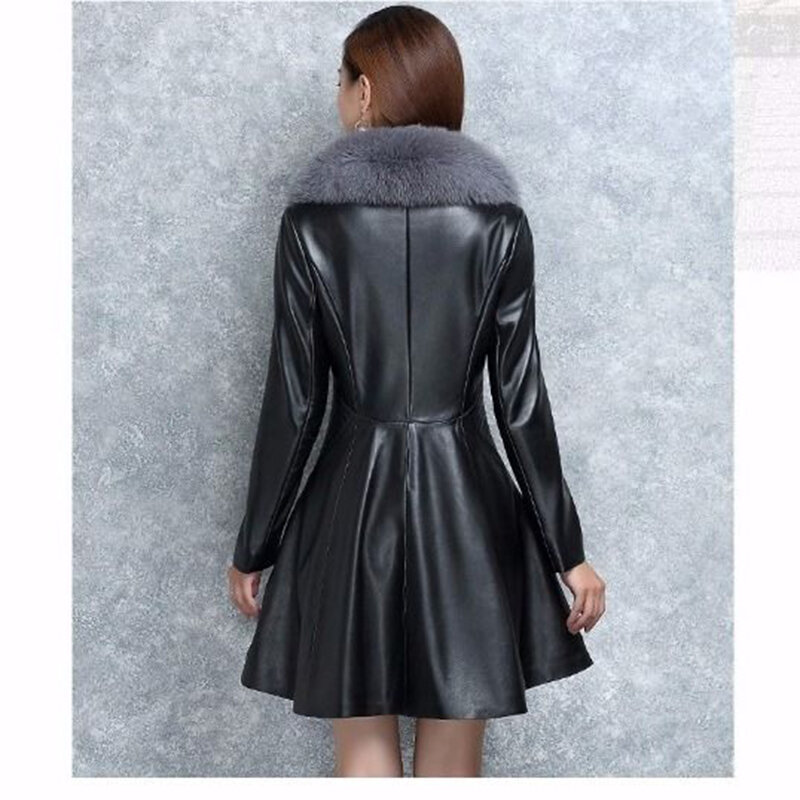 Jaket kulit imitasi untuk wanita, jaket kulit sintetis kerah bulu palsu elegan ritsleting PU warna hitam ukuran Plus musim gugur/musim dingin 2023