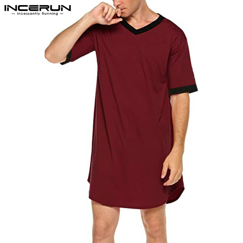INCERUN Men Sleep Robes Nightgown Short Sleeve V Neck Loose Homewear Comfortable Patchwork Mens Bathrobes Dressing Gown S-5XL
