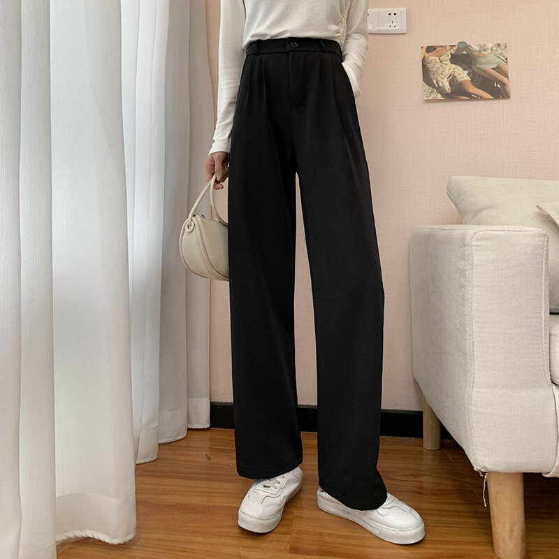 ฤดูใบไม้ร่วงผู้หญิงตรงชุดกางเกงสูงเอวเกาหลีสไตล์แฟชั่นสำนักงานสุภาพสตรี Elegant กางเกงขากว้าง