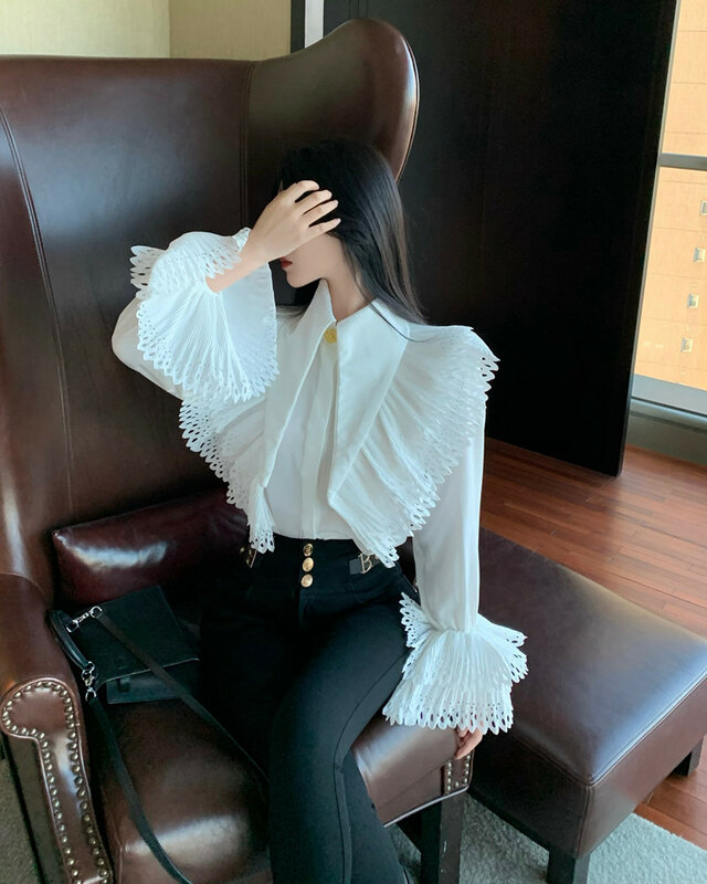 Женская кружевная блузка с воротником-стойкой, модная шикарная винтажная Свободная блузка с оборками в Корейском стиле на осень