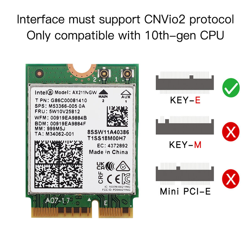 Adaptateur de carte réseau WiFi sans fil, Bluetooth 2.4, Intel AX211, M.2 KeyE, CNVio, Windows 11, 6E AX211NGW LeicBand, 5.2G, 5G, 6 mesurz