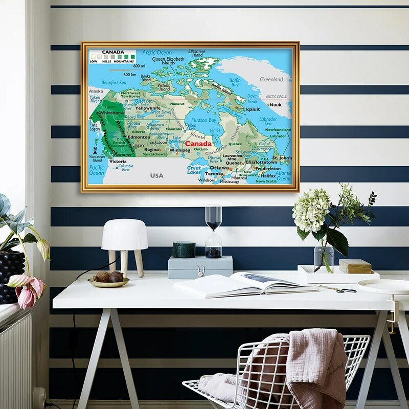 90*60Cm Peta Orografis Kanada Poster Seni Dinding Lukisan Kanvas Ruang Kelas Kantor Dekorasi Rumah Perlengkapan Sekolah