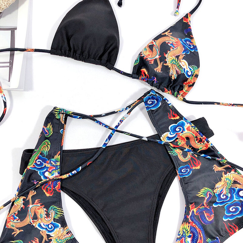 Czarny nadruk ze smokiem Bikini 2020 Sexy Micro Push up Halter stroje kąpielowe kobiety trójkąt strój kąpielowy strój kąpielowy