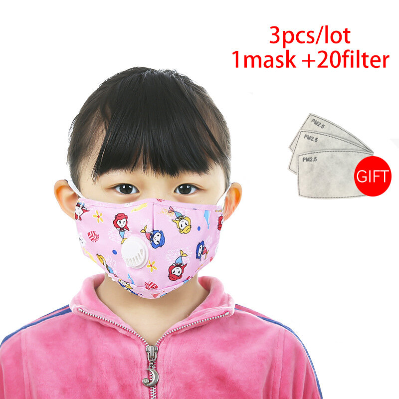 Mascarilla de algodón lavable reutilizable para niños, máscara antipolvo, anticontaminación, diseño 3D, 3 uds./20 filtros