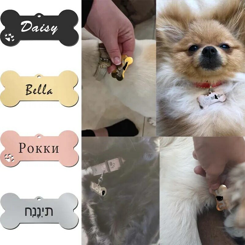 Etiqueta de identificação personalizada gravada nome do animal de estimação para cão gato cachorro chaveiro charme pingente osso colar acessórios