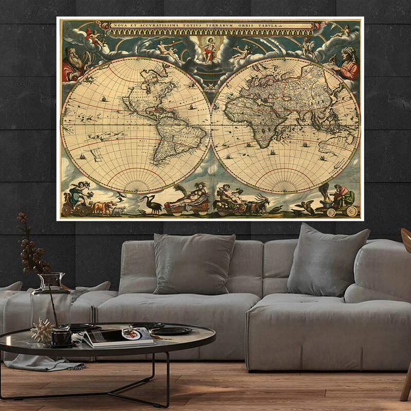 Mapa del mundo Vintage para decoración del hogar, lienzo no tejido, pegatina de pared, tarjeta decorativa, carteles e impresiones, 225x150 cm