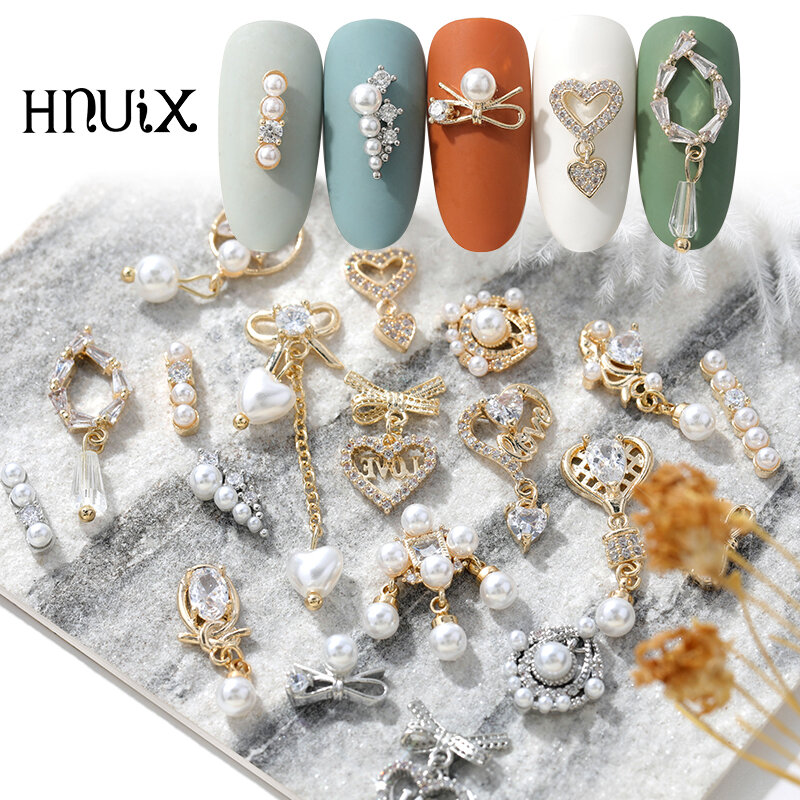 HNUIX-Colgante de circón para decoración de uñas, 1 pieza, 3D, de Metal, decoración de uñas, diamantes de imitación, joyería de aleación de circón, borla, accesorio para uñas