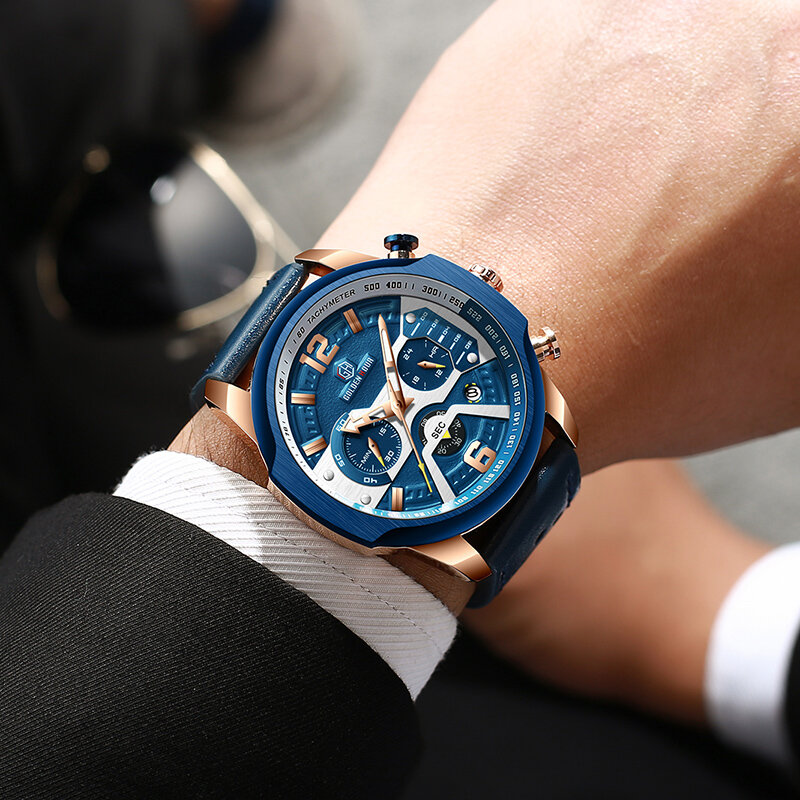 Mens Watches Top Brand Luxury Blue Quartz Men Watch Leather Chronograph Big Sport Wrist Watch Man Male Clock Relogio Masculino