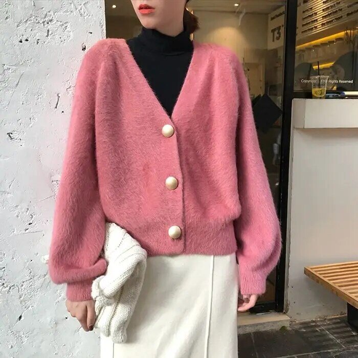 Elegant Long Sleeve Mohair Sweater Women 2021 New Single-Breasted Female Short Cardigan Soft Flexible Knitted Outwear S-3XL